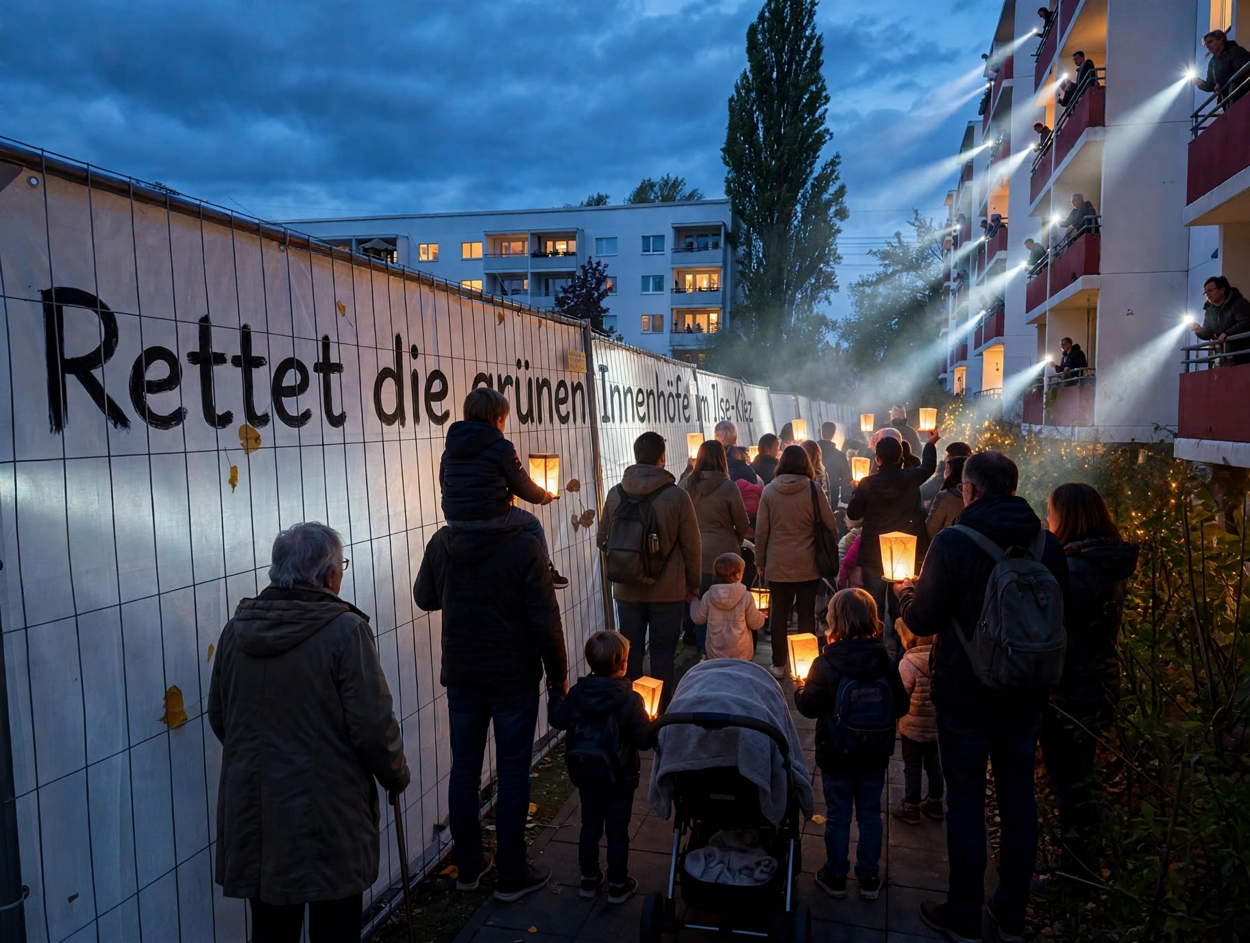 Protestspaziergang mit Lampions am Bauzaun